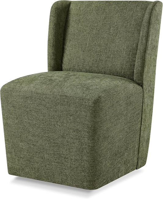 KISLOT Upholstered Dining Chairs Set of 1 with Casters, Wingback Modern Side Armless Deskchair with Rollers for Diningroom Bedroom Livingroom Reading Room, Green Fabric