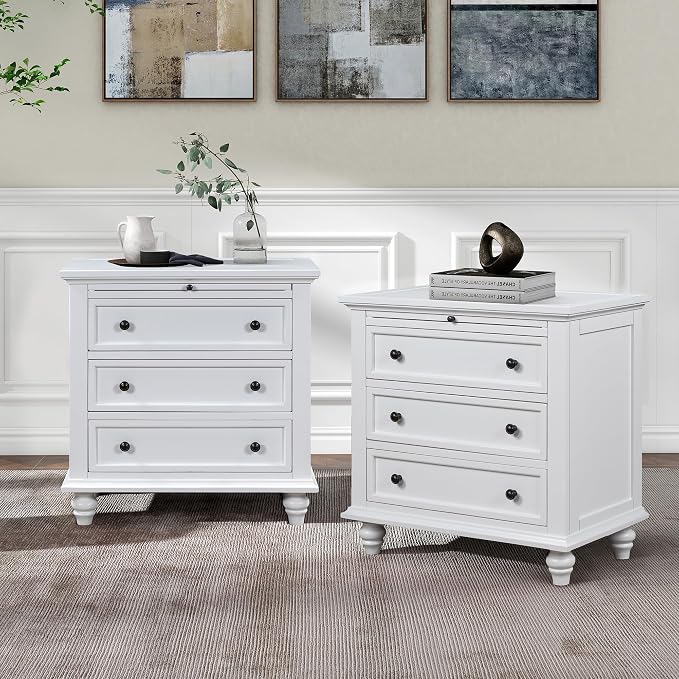 Merax Nightstand with Drawers Set of 2, Wood Bedside End Table with Pull Out Tray, White(No Guide Rails)