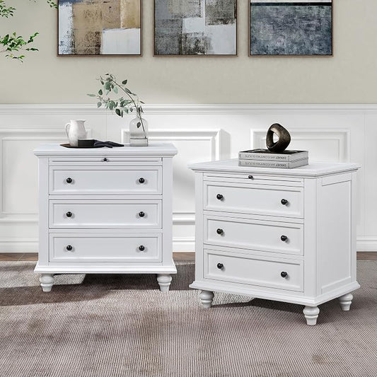 Merax Nightstand with Drawers Set of 2, Wood Bedside End Table with Pull Out Tray, White(No Guide Rails)