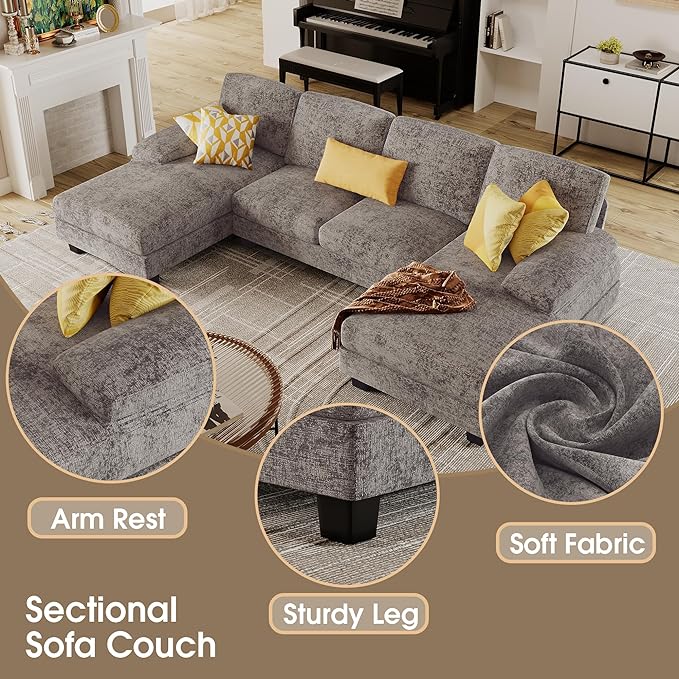 Furmax Sectional Couches for Living Room, U-Shaped Sofa Couch with Linen Fabric, 4 Seat Sofa Set with Double Chaise for Apartment (Chenille, Grey)