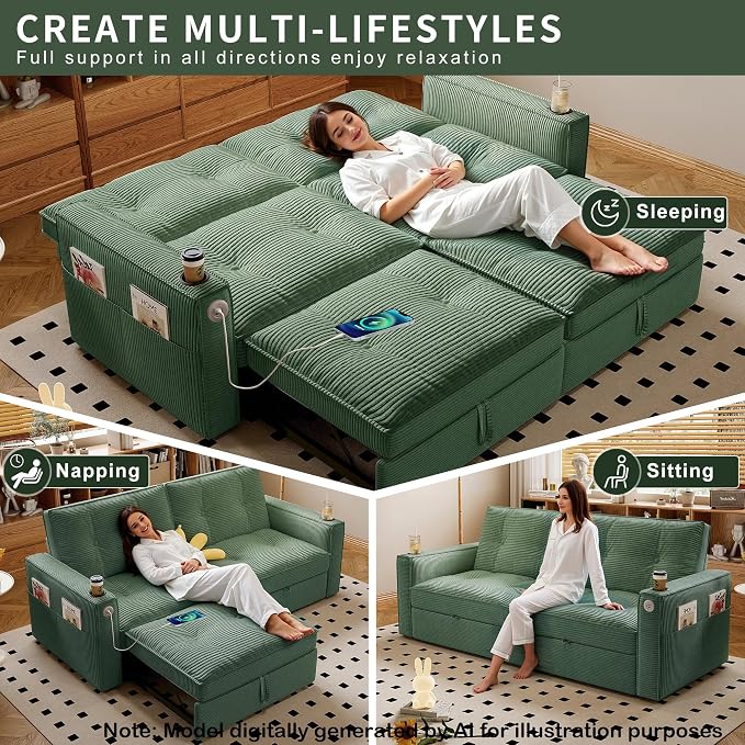 73.2'' Futon Sofa Bed Full Size, Pre-Assembled Pull Out Couch, Adjustable Backrest, Corduroy Convertible Sleeper Sofa, 2 Cup Holders, Pockets, USB, Loveseat for Living Room, Apartment, Green | Soft Material