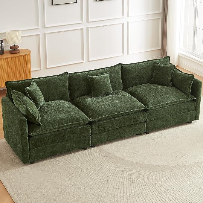 Modular Sectional Sofa, 112.2 Inch Rectangle Shaped Couch Set with Armrests, 3-Seater Comfy Cloud Couches for Living Room Apartment, Green
