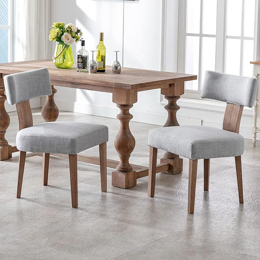 RIVOVA Mid Century Modern Dining Chairs Set of 2 Farmhouse Linen Fabric Upholstered Dining Room Chairs Kitchen Chairs with Curved Backrest Wood Legs, Grey