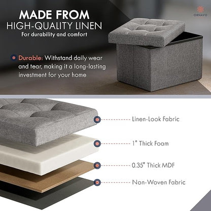 Ornavo Home Small Storage Ottoman, Set of 2, Foldable Collapsible Rectangle Linen Ottoman Foot Rest Stool Seat, for Living Room, Bedroom, Home Office, Dorm - 12 x 16 x 12, Dark Gray