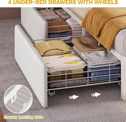 DWVO King Size Bed Frame with RGB LED Lights & Storage Bookcase Headboard, Upholstered Bed with Charging Station and 4 Drawers, No Box Spring Needed, Easy Assembly, Noise-Free, PU Leather White