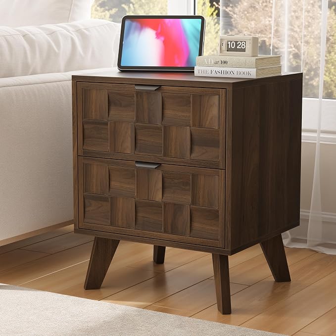 Smuxee Walnut Wooden Nightstand with 2 Drawers, Mid Century Night Stand with Embossed Checkerboard Doors, Bedside Table with Solid Feet, Modern End Side Table for Bedroom