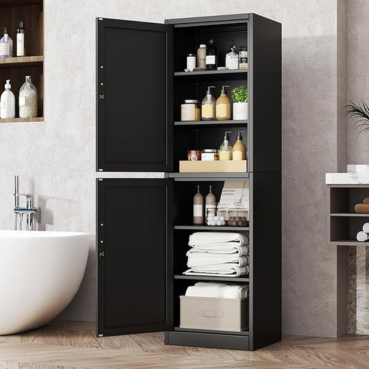 Tall Metal Narrow Bathroom Storage Locker Cabinet 67" H, Tall Black Pantry Cabinets with 4 Adjustable Shelves and 2 Lockable Doors for Kitchen, Home Office, Living Room, Dining Room
