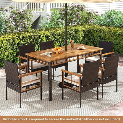 Tangkula 7 Pieces Wicker Patio Dining Set, Outdoor Acacia Wood Rectangular Table with 1.97” Umbrella Hole and Cushioned Chairs, Outside Conversation Furniture Set for Deck, Garden and Backyard