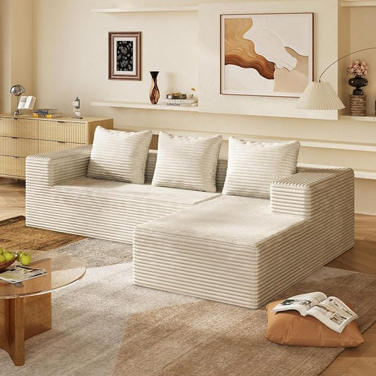 WLIVE 104'' Cloud Sectional Couches for Living Room, Modular Boneless Couch with Left Facing Chaise, L Shape Memory Foam Corduroy, with Cushion, Beige