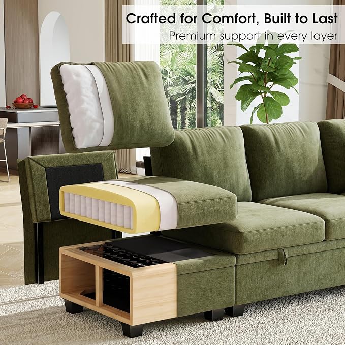 86" Modular Sectional Sleeper Sofa Bed, L Shaped 4 Seat Pull Out Couch with Storage Ottoman, Convertible Cloud Couch Bed, Sectional Couches for Living Room, Apartment (Green)