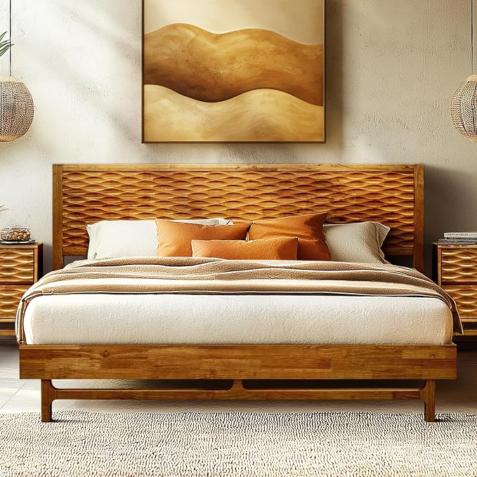 Acacia Elara Queen Platform Bed Frame – Mid-Century Modern Style, Carved Headboard, Solid Wood, Caramel Finish, No Box Spring, 800lbs Support, Easy Assembly with Tools Included