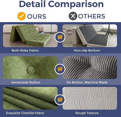 MAXYOYO 6" Folding Sofa Bed for Floor, Tufted Tri-Fold Floor Mattress with Chenille Fabric, Twin Size Portable Sofa Couch Guest Mat for Adults, Foldable Topper for Camping, Green, 35.4"x75"