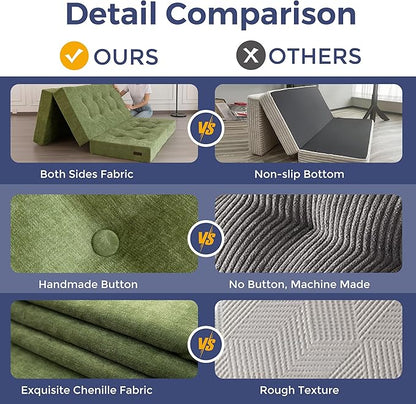 MAXYOYO 6" Folding Sofa Bed for Floor, Tufted Tri-Fold Floor Mattress with Chenille Fabric, Queen Size Portable Sofa Couch Guest Mat for Adults, Foldable Topper for Camping, Green, 59"x78.7"