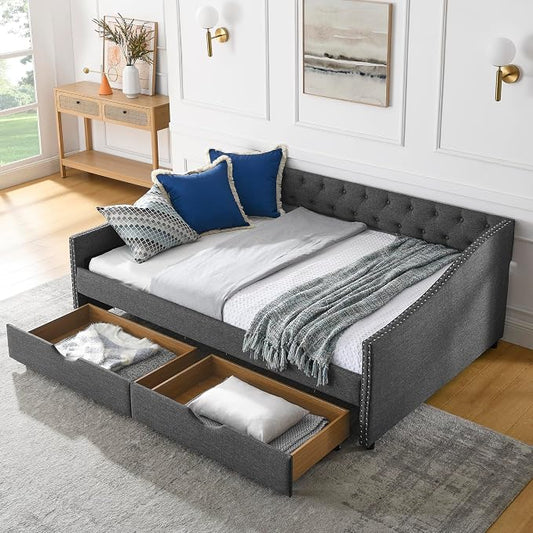 KEIKI Full Size Upholstery Daybed with 2 Drawers and Headboard, Mid-Century Style Tufted Sofa Bed with Button on Back, Easy Assembly, No Box Spring Required, for Living Room and Bedroom, Dark Grey