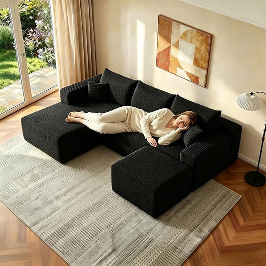JINGLING 94" U Shaped Boneless Sectional Couch Set for Living Room, Plush Corduroy Modular Sofa with Ottoman, Small Space Apartment Couch, No Assembly, Left Facing Chaise, Black