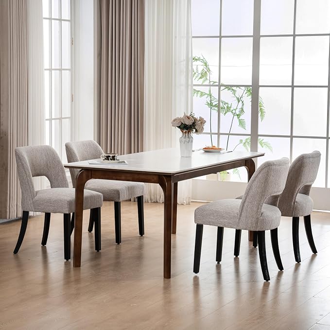 VKNOW Wooden Dining Chairs Set of 6, Modern Fabric Upholstered Dining Room Chair Kitchen Chairs, Farmhouse Dinner Chair for Kitchen Dining Room, Grey-Black Legs