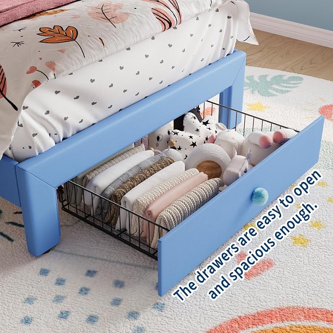 Twin Size Bed Frame for Girls with Storage Drawers & LED Lights, Upholstered Platform Bed, Velvet Crystal Button Princess Bed, Noise-Free Slats, No Box Spring Needed for Kids, Teens, Blue