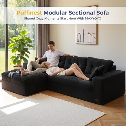 MAXYOYO 96" L Shaped Modular Sectional Sofa with Ottoman, Cloud Boneless Couch with Layered Cushion, Upholstered Sofa in a Box, Flexible Module Combination for Living Room, No Assembly, Black