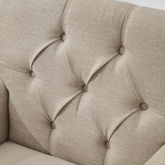 HUIMO Tufted Club Chair,Accent Chair with Lumbar Pillow, Upholstered Button Armchair, Linen Fabric Sofa Chairs for Bedroom, Living Room, Mid Century Modern with Studded Reading Chair Brown