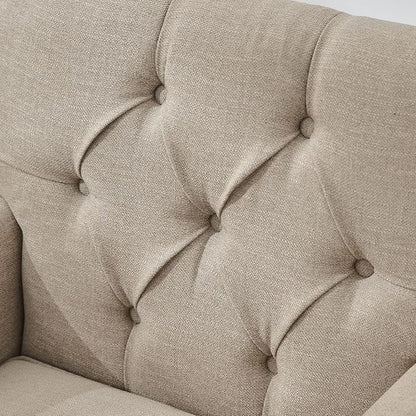 HUIMO Tufted Club Chair,Accent Chair with Lumbar Pillow, Upholstered Button Armchair, Linen Fabric Sofa Chairs for Bedroom, Living Room, Mid Century Modern with Studded Reading Chair Brown
