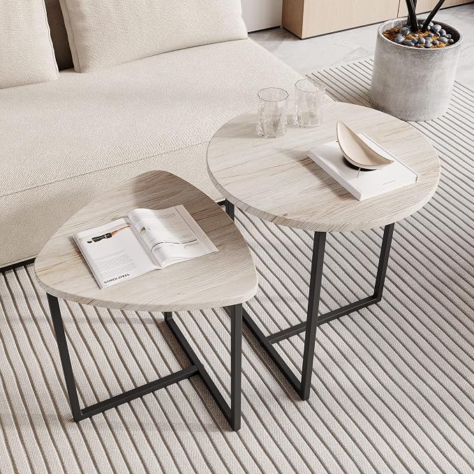 HOJINLINERO Round Coffee Table Set of 2 End Tables for Living Room,Black Small Coffee Table Living Room Table,Metal Frame & Wood Look,Sturdy and Easy Assembly,Stacking Side Tables Bedroom,White