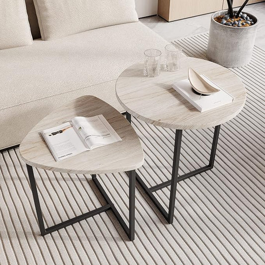 HOJINLINERO Round Coffee Table Set of 2 End Tables for Living Room,Black Small Coffee Table Living Room Table,Metal Frame & Wood Look,Sturdy and Easy Assembly,Stacking Side Tables Bedroom,White
