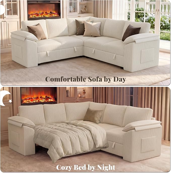 85 Inch Modular Sectional Sofa with Pull Out Couch Bed, L Shaped 5 Seat Sectional Couch with Storage, Corduroy Sectional Couches for Living Room, Cloud Modular Couch, Removable Sofa Cover, Beige
