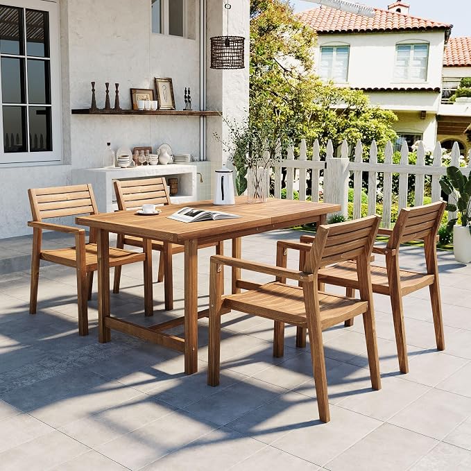 Quarte 5-Piece Outdoor Acacia Wood Dining Set, 59.06-Inch Rectangular Table with Umbrella Hole & 4 Chairs,Patio/Garden/Poolside Furniture for Family Gatherings (Natural-r2)