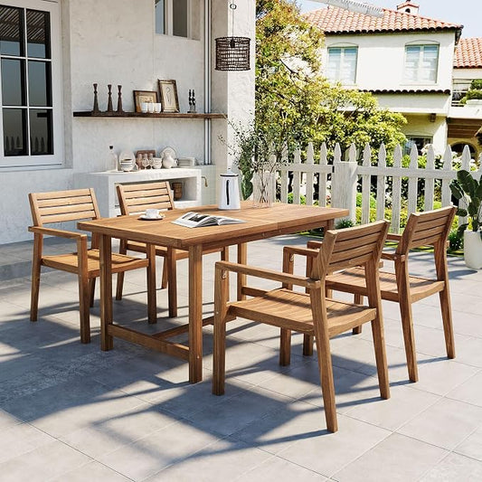 Quarte 5-Piece Outdoor Acacia Wood Dining Set, 59.06-Inch Rectangular Table with Umbrella Hole & 4 Chairs,Patio/Garden/Poolside Furniture for Family Gatherings (Natural-r2)