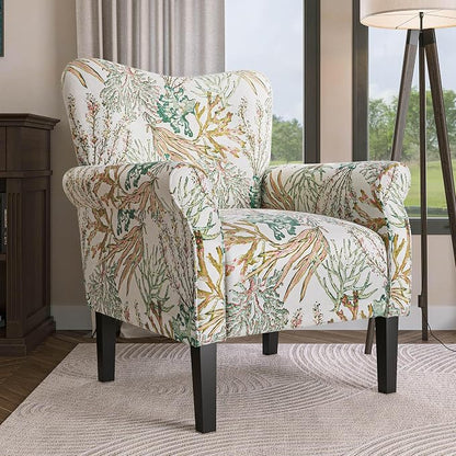 BELLEZE Modern Accent Chair for Living Room, High Back Linen Armchair with Wooden Legs, Upholstered Wingback Side Chair Padded Armrest Single Sofa for Living Room, Bedroom - Allston (Green Coral)