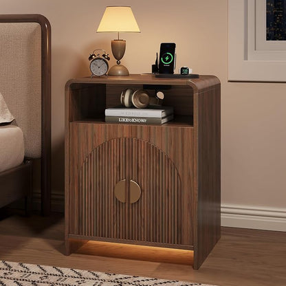 Nightstand with Charging Station and LED Lights, Night Stands with Adjustable Storage Cabinet, Modern Side Table with Fluted Doors and Open Storage, Bedside Table for Bedroom, Walnut