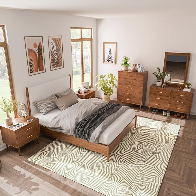 Furniture of America Wyatt Modern Solid Wood Bedroom Collection with Queen Bed Frame, Nightstands, Dresser with Mirror, Chest, No Box Spring Needed, Walnut, Boucle Platform, 6-Piece Set