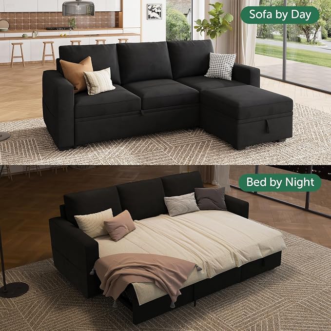 HONBAY Modular Sectional Sleeper Sofa with Pull Out Bed, L Shaped Couch with Storage Seat, Modular Sectional Couches for Living Room - Black