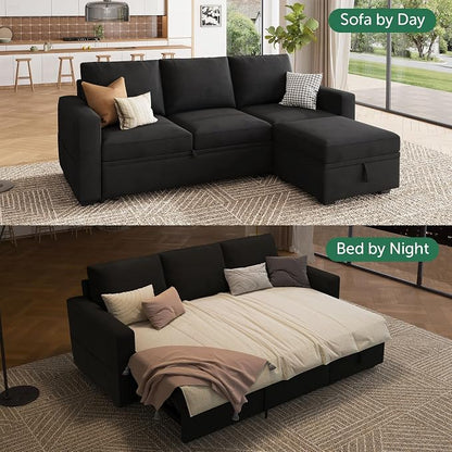 HONBAY Modular Sectional Sleeper Sofa with Pull Out Bed, L Shaped Couch with Storage Seat, Modular Sectional Couches for Living Room - Black