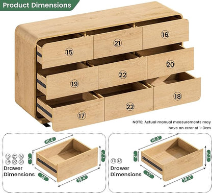 Standifurno Natural Dresser for Bedroom with 9 Drawers, 57" Wide Modern Drawers with Curved Design, Wood Drawer Organizer for Living Room, Hallway