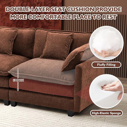 Ihanherry 146" U-Shaped Modern Sofa Modular Sectional Luxurious and Comfortable with 2 Ottoman, 6-Seat Chenille Deep Seat Sofa with 6 Pillows for Living Room, Bedroom and Apartment, Brick Red
