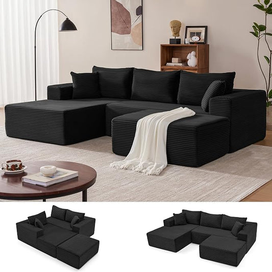 Mangodan 110” Cloud Sectional Couch, Modular Sectional Sofa with Deep Seat, Boneless Sofa for Living Room, Fluffy Comfy U-Shaped Couch with Left Facing Chaise, No Assembly Required, Black