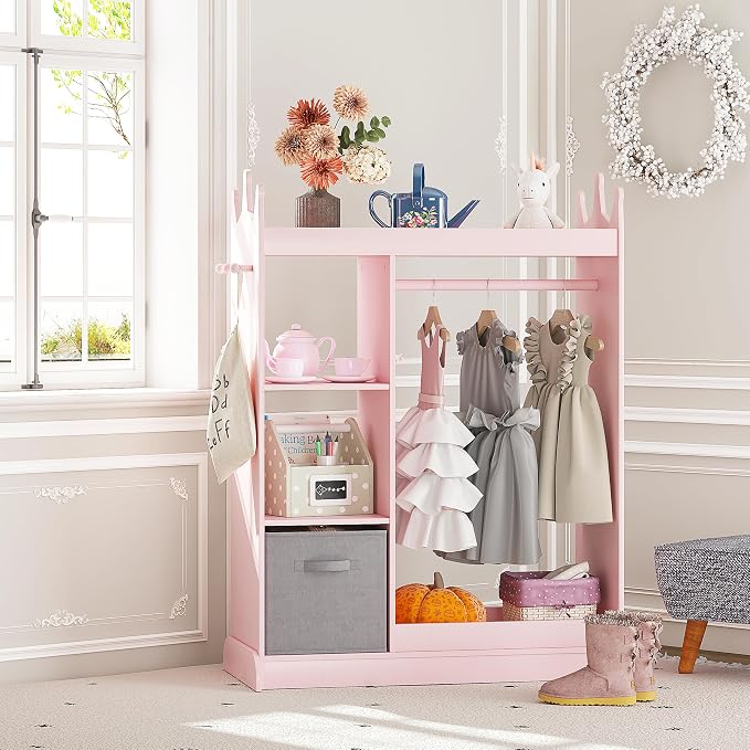 UTEX Kids Armoire Wardrobe Closet with Mirror and Storage Bin, Pink, 33.4 in W x 15.75 in D x 44.5 in H | See and Store Kids Wardrobe, Toddler Dress Up Rack, Open Hanging Armoire Closet, Water-based Paint, Princess Style