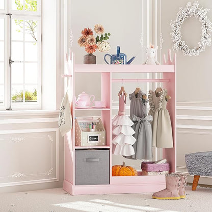 UTEX Kids Armoire Wardrobe Closet with Mirror and Storage Bin, Pink, 33.4 in W x 15.75 in D x 44.5 in H | See and Store Kids Wardrobe, Toddler Dress Up Rack, Open Hanging Armoire Closet, Water-based Paint, Princess Style
