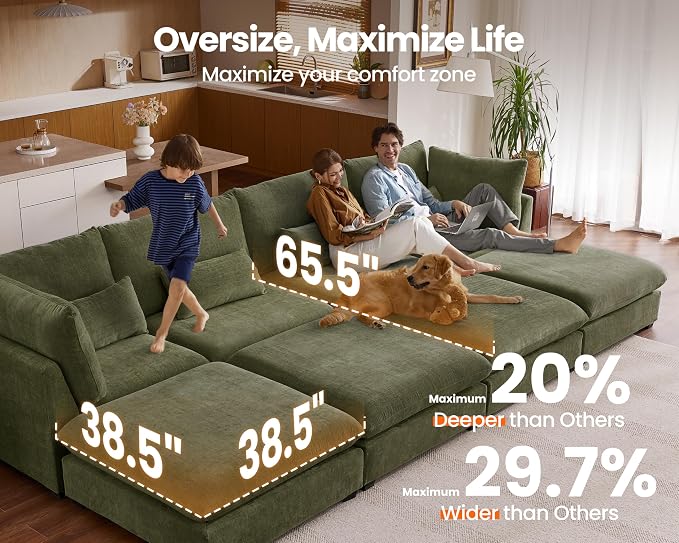 77" Oversized Chenille Couch Modular Sectional Sofa, Washable Cloud Couch Sectional with Ottoman, 3 Seater Sectional Couches for Living Room, Fully Cover Removable, L Shaped, Chenille, Green