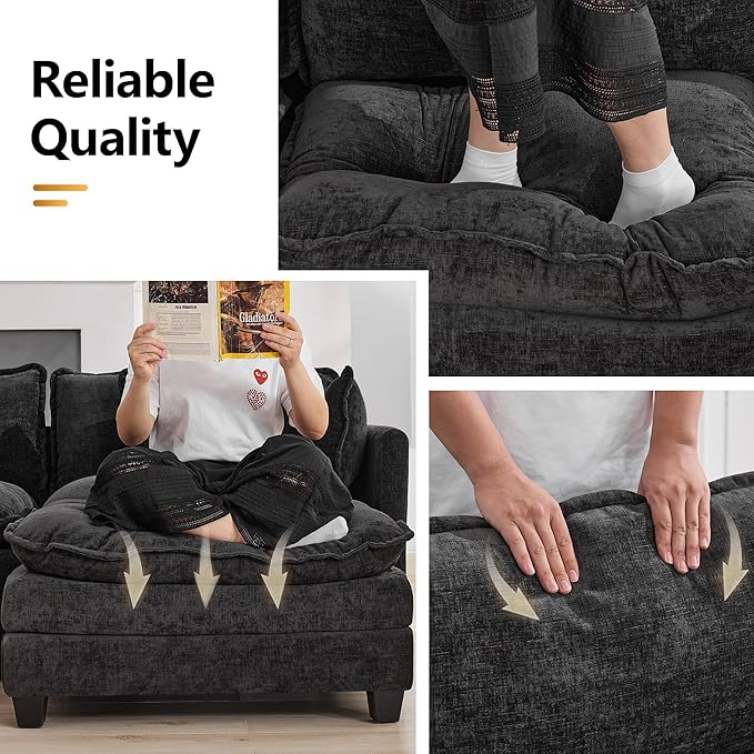 113'' V Shaped Cloud Sectional Sofa, Oversized Deep Seat Couches for Living Room, Chenille Comfy Upholstered Modular Sectional Sofa Couch, Dark Grey