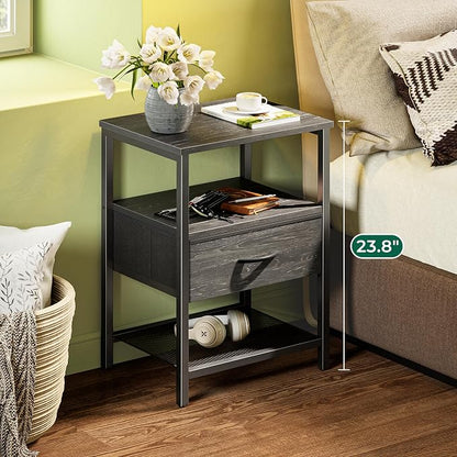 Huuger Nightstand Set of 2, Night Stand with Fabric Drawer, Mesh Shelf, Side Table with Storage, Fabric Drawer Dresser, Open Shelf, Metal Frame, Bedroom, Charcoal Black Wood Grain Print