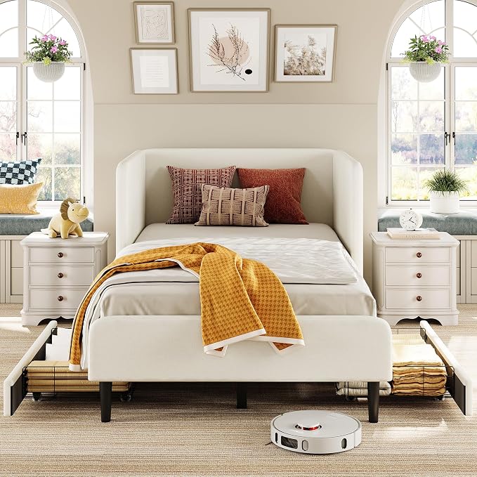 LIKIMIO Twin Daybed with Headboard, Corner Bed Frame with Bed Rails and Storage Drawers, Solid Support, for Bedroom Guest Room, Cream