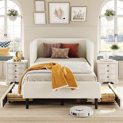 LIKIMIO Twin Daybed with Headboard, Corner Bed Frame with Bed Rails and Storage Drawers, Solid Support, for Bedroom Guest Room, Cream