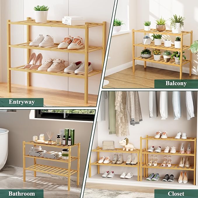 Smiry Long Bamboo Shoe Rack, 6 Tier Free Standing Wooden Shoe Organizer, Stackable Wood Shoe Storage Shelf for Closet, Entryway, 12 Vertical Slats, 2+2+2 Stack Standard Legs, 33.7"x11"x39", Natural