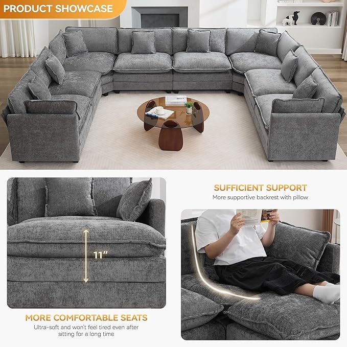 147'' Oversized U Shaped Cloud Sectional Sofa, Chenille Deep Seat Couches for Living Room, Comfy Upholstered Modular Sectional Sofa Couch, Grey