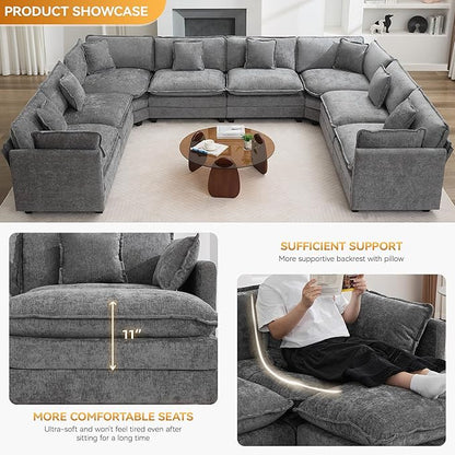 147'' Oversized U Shaped Cloud Sectional Sofa, Chenille Deep Seat Couches for Living Room, Comfy Upholstered Modular Sectional Sofa Couch, Grey