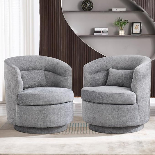 CANMOV Swivel Accent Chair Set of 2, 360 Degree Round Swivel Barrel Chair with Pillow, Upholstered Comfy Barrel Armchair Single Club Sofa Chair for Living Room, Bedroom, Reading Room,Dark Grey