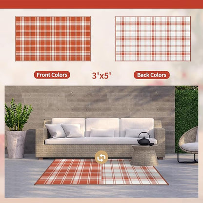 GENIMO Waterproof Outdoor Rug for Patio Clearance, 3'x5' Reversible Plastic Straw Rugs, Lightweight RV Camping Mat for Camper, Balcony, Deck, Backyard, Picnic, Orange White Plaid