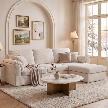 Sectional Couches for Living Room Cloud Couch with Ottoman, Upholstered Boneless Couches Modern Modular L Shaped Couch 3 Seater Sofa, No Assembly Required, Washable Covers, White